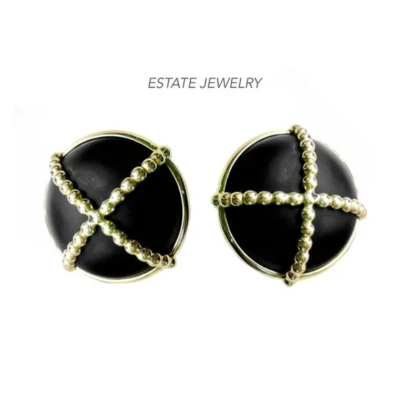 Estate 14K Yellow Gold Matte Finish Onyx Large Button Earrings Raleigh Diamond Fine Jewelry Raleigh, NC