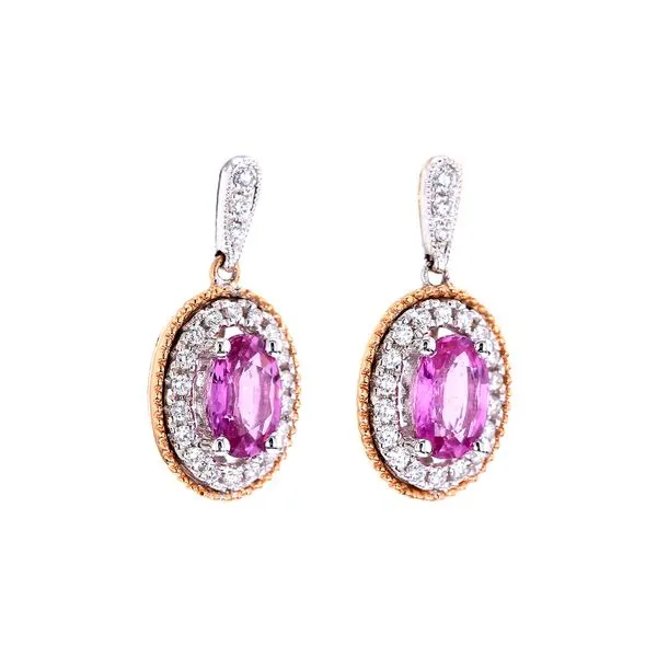 14K White & Yellow Gold 0.20ctw Oval Pink Sapphire & Diamond Halo Earrings Raleigh Diamond Fine Jewelry Raleigh, NC