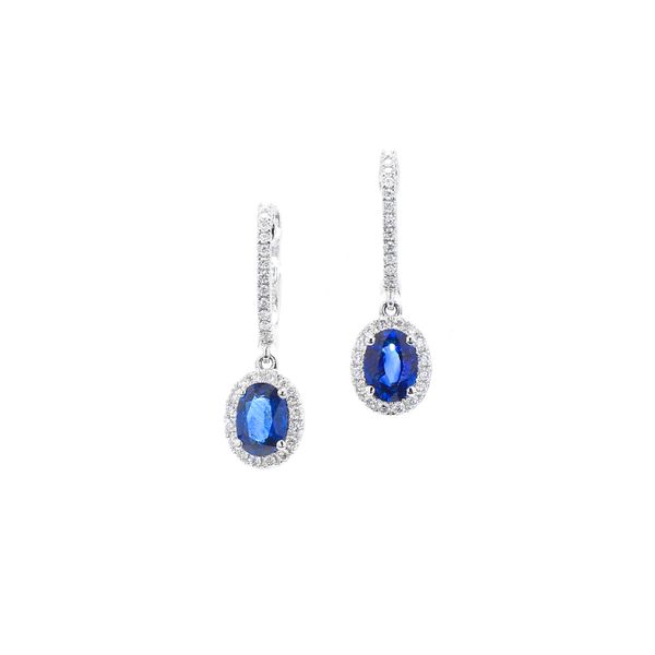 14K White Gold 1.85ctw Sapphire & Diamond Halo Dangle Earrings Raleigh Diamond Fine Jewelry Raleigh, NC