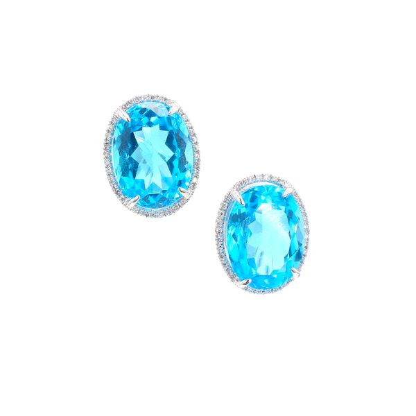 14K White Gold 5.80ctw Blue Topaz 0.33ctw Diamond Halo Earrings Raleigh Diamond Fine Jewelry Raleigh, NC