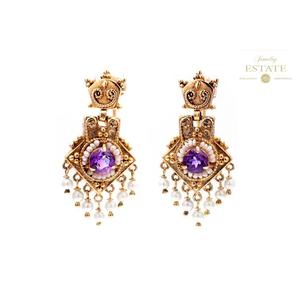 Estate 14K Yellow Gold 1.50ctw 6.0mm Amethyst Antique Pearl Seed Drop Earrings Raleigh Diamond Fine Jewelry Raleigh, NC