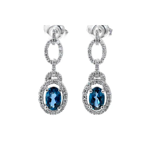 14K White Gold 1.31ctw London Blue Topaz Ovals Halo Dangle Earrings Raleigh Diamond Fine Jewelry Raleigh, NC