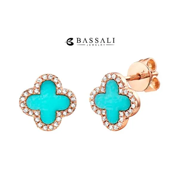 Bassali 14K Yellow Gold Quatrefoil Turquoise + Diamonds 0.13ctw Raleigh Diamond Fine Jewelry Raleigh, NC