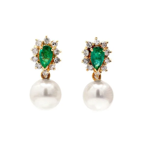 14K Yellow Gold Emeralds + Diamonds Halo Top Earrings with Pearls Raleigh Diamond Fine Jewelry Raleigh, NC