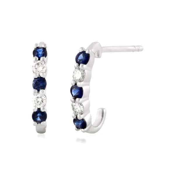 14K White Gold 1/10ctw Sapphire & 1/10ctw Diamond J Hoop Stud Earrings Raleigh Diamond Fine Jewelry Raleigh, NC