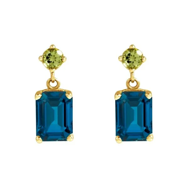 14K Yellow Gold 7x5mm Natural London Blue Topaz & 3mm Natural Peridot Dangle Earrings Image 2 Raleigh Diamond Fine Jewelry Raleigh, NC