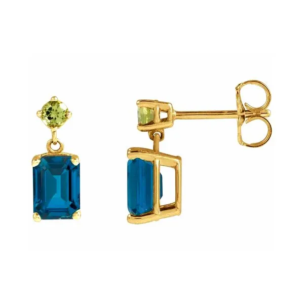 14K Yellow Gold 7x5mm Natural London Blue Topaz & 3mm Natural Peridot Dangle Earrings Raleigh Diamond Fine Jewelry Raleigh, NC
