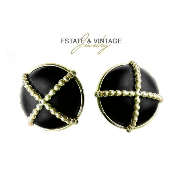 Estate 14K Yellow Gold Matte Finish Onyx Large Button Earrings Raleigh Diamond Fine Jewelry Raleigh, NC