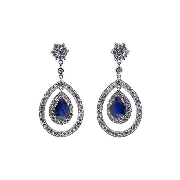 14K White Gold 4.35ctw Diamonds + Pear Blue Sapphires Dangle Earrings Raleigh Diamond Fine Jewelry Raleigh, NC