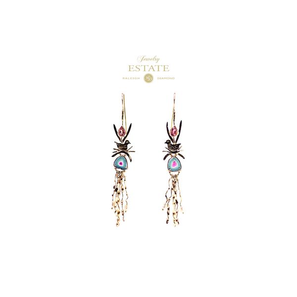 Estate 14K Yellow Gold Handcrafted Bird with Tourmaline Crystal/Multi-gem Dangle Earrings Raleigh Diamond Fine Jewelry Raleigh, NC