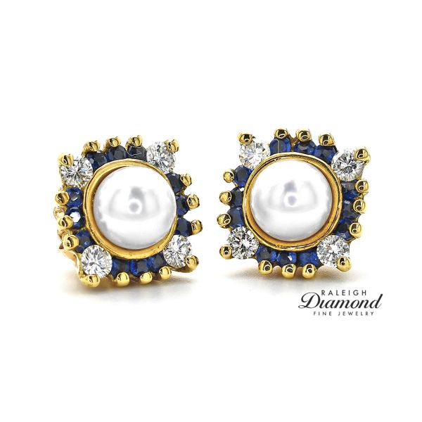 Pearl Stud Earrings with 14K Yellow Gold Diamond and Sapphire Earring Jackets Raleigh Diamond Fine Jewelry Raleigh, NC