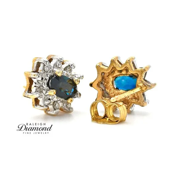 Estate 14K Yellow Gold Fancy Studs with Diamonds and Sapphires Image 2 Raleigh Diamond Fine Jewelry Raleigh, NC