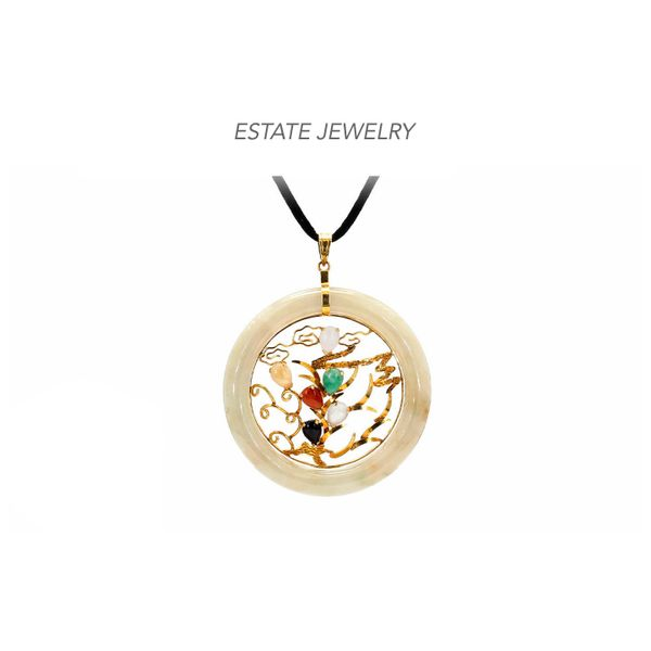 Estate 14K Yellow Gold Jade Circle Pendant with Multicolor Jade Stones Raleigh Diamond Fine Jewelry Raleigh, NC