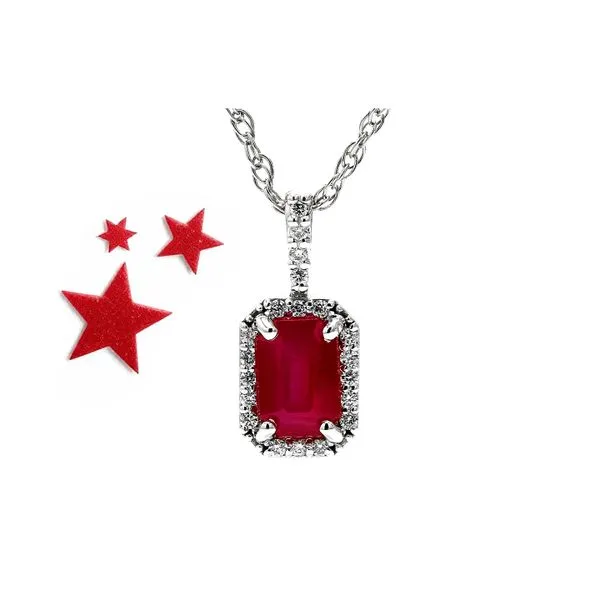 14K White Gold 0.79ctw Emerald Cut Ruby + Diamond Halo Pendant on 18