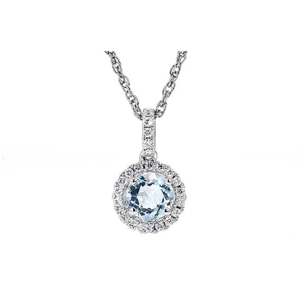 14K White Gold 1.19ctw Aquamarine + Diamond Halo Pendant with 18