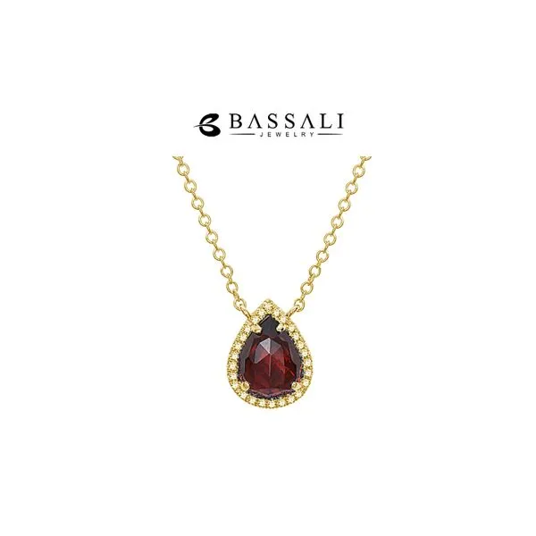 Bassali 14K Yellow Gold Garnet Pear 1.05ct + Halo Diamonds 0.06ctw Raleigh Diamond Fine Jewelry Raleigh, NC