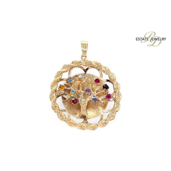 Estate 14K Yellow Gold Colored Gemstones 40mm Tree Charm Pendant Raleigh Diamond Fine Jewelry Raleigh, NC