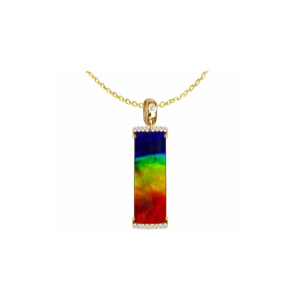 14K Yellow Gold 0.42ctw Diamond Natural Ammolite 30 x 10 Rectangle Pendant Raleigh Diamond Fine Jewelry Raleigh, NC