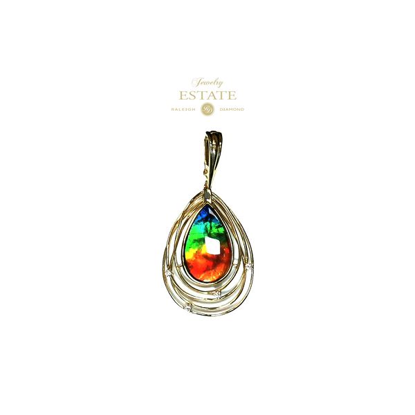 14K Yellow Gold ~0.25ctw Diamond 22x13mm Ammolite Pear Pendant Raleigh Diamond Fine Jewelry Raleigh, NC
