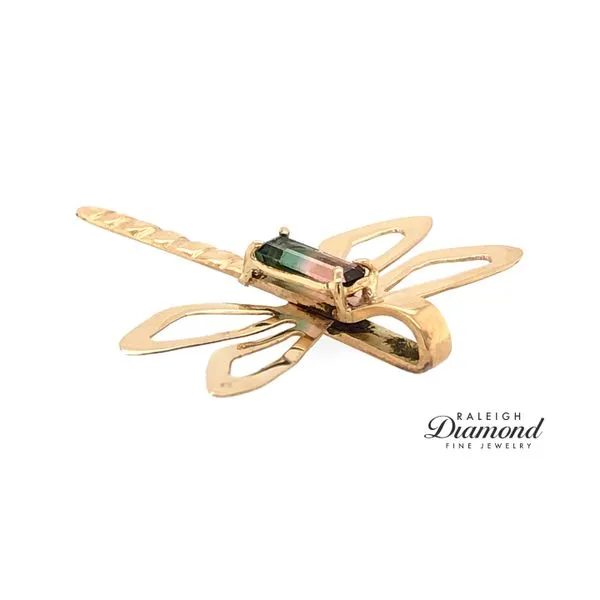 Estate 14K Yellow Gold Dragonfly Brooch with 2-Tone Tourmaline Image 2 Raleigh Diamond Fine Jewelry Raleigh, NC
