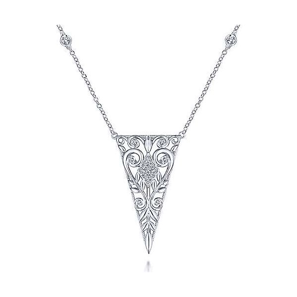 Sterling Silver Triangular White Sapphire Pendant Vintage Inspired Necklace with Scrollwork Raleigh Diamond Fine Jewelry Raleigh, NC