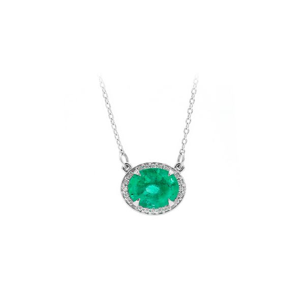 14K White Gold 1.98ctw Oval Emerald & Diamond Halo Necklace Raleigh Diamond Fine Jewelry Raleigh, NC