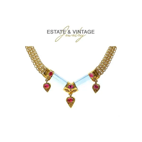 Estate 18K Yellow Gold Aqua & Pink Tourmaline Fancy Neck Statement Necklace Raleigh Diamond Fine Jewelry Raleigh, NC