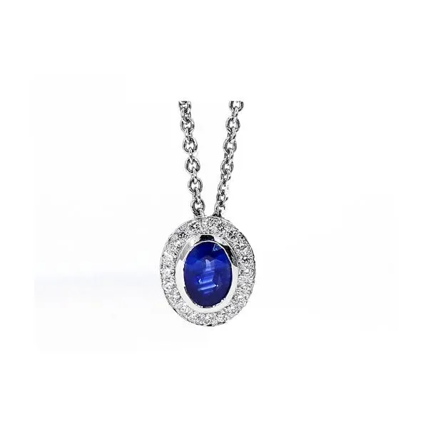 14K White Gold 1.10ctw Sapphire + Diamond Halo Necklace with Cable Chain Raleigh Diamond Fine Jewelry Raleigh, NC