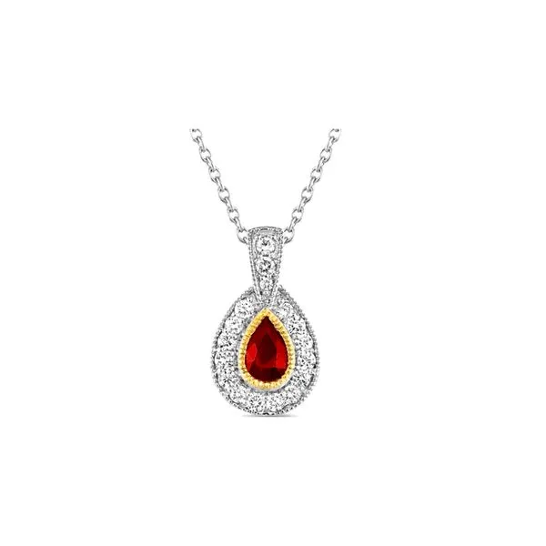 14K White Gold 0.55cttw Ruby 0.28cttw Diamond Halo Necklace Cable Chain Raleigh Diamond Fine Jewelry Raleigh, NC