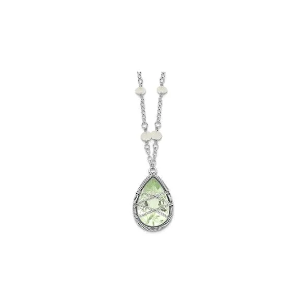 Sterling Silver Rhodium Grn Quartz & Rainbow Moonstone Pendant with 18