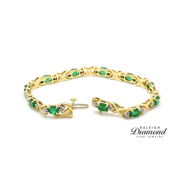 Estate 14K Yellow Gold Bracelet with Emeralds and Diamonds Image 2 Raleigh Diamond Fine Jewelry Raleigh, NC