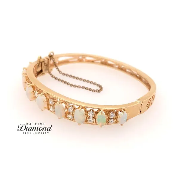 Estate 14K Yellow Gold Bangle Bracelet with Opals and Diamonds Image 2 Raleigh Diamond Fine Jewelry Raleigh, NC