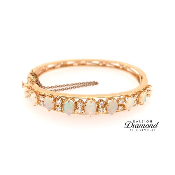 Estate 14K Yellow Gold Bangle Bracelet with Opals and Diamonds Raleigh Diamond Fine Jewelry Raleigh, NC