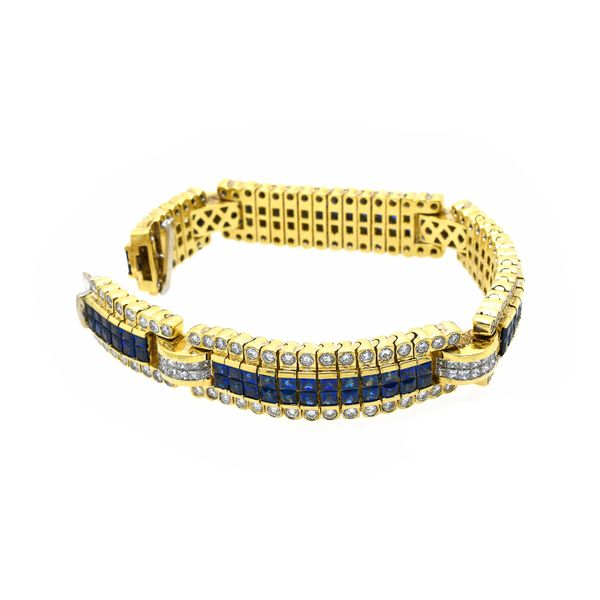 Estate 18K Yellow Gold Bracelet with Blue Sapphires & Diamonds Image 3 Raleigh Diamond Fine Jewelry Raleigh, NC