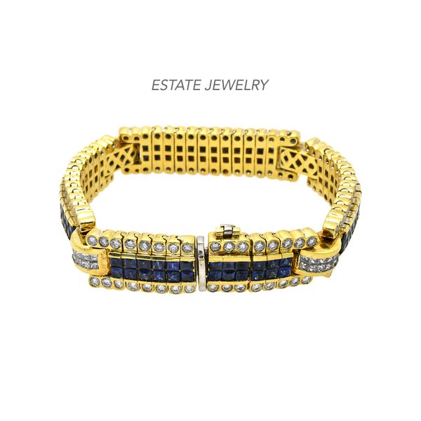 Estate 18K Yellow Gold Bracelet with Blue Sapphires & Diamonds Raleigh Diamond Fine Jewelry Raleigh, NC