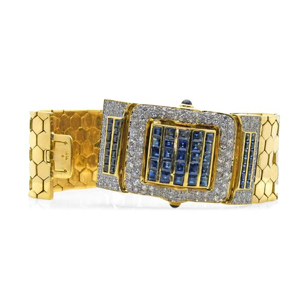 Estate 18K Yellow Gold Buckle Bracelet with Sapphires & Diamonds Image 2 Raleigh Diamond Fine Jewelry Raleigh, NC