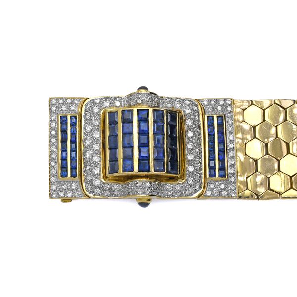 Estate 18K Yellow Gold Buckle Bracelet with Sapphires & Diamonds Image 3 Raleigh Diamond Fine Jewelry Raleigh, NC