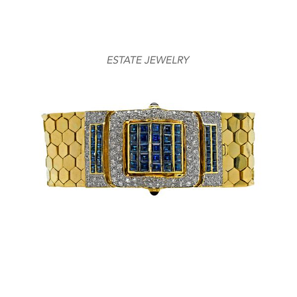 Estate 18K Yellow Gold Buckle Bracelet with Sapphires & Diamonds Raleigh Diamond Fine Jewelry Raleigh, NC