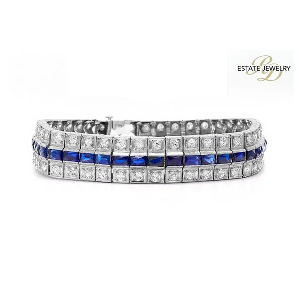 Estate 14K White Gold & Platinum 4.20ctw Vintage Colored Stone Diamonds + Lab Sapphires Bracelet Raleigh Diamond Fine Jewelry Raleigh, NC