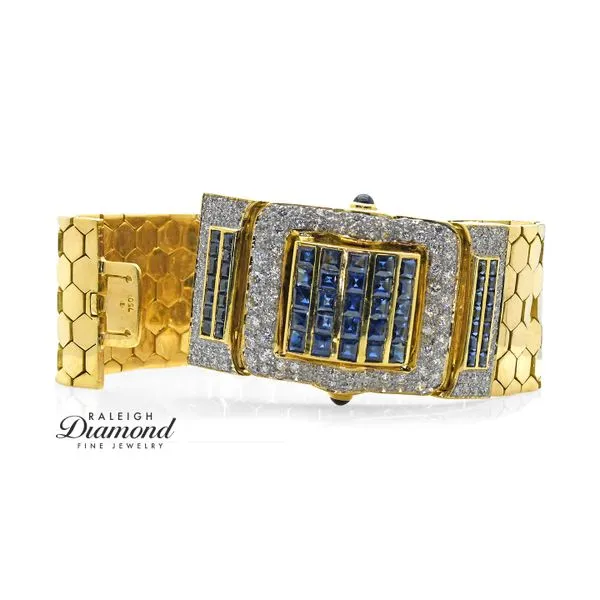 Estate 18K Yellow Gold Buckle Bracelet with Sapphires & Diamonds Image 2 Raleigh Diamond Fine Jewelry Raleigh, NC