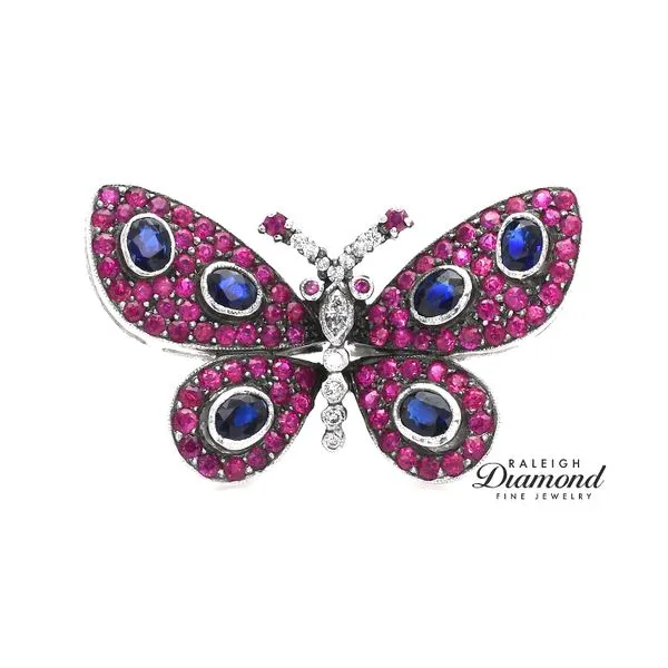 Estate Le Vian 18K White Gold Butterfly Brooch with Rubies, Sapphires & Diamonds Raleigh Diamond Fine Jewelry Raleigh, NC