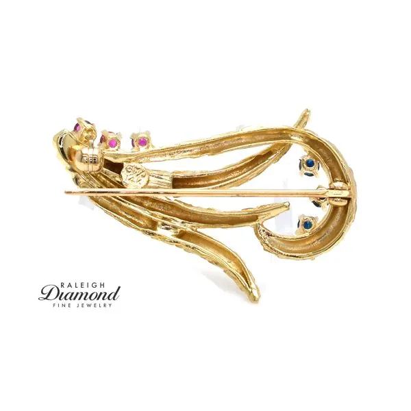 Estate 14K Yellow Gold Engraved Flower Spray Brooch with Ruby and Sapphire Image 2 Raleigh Diamond Fine Jewelry Raleigh, NC
