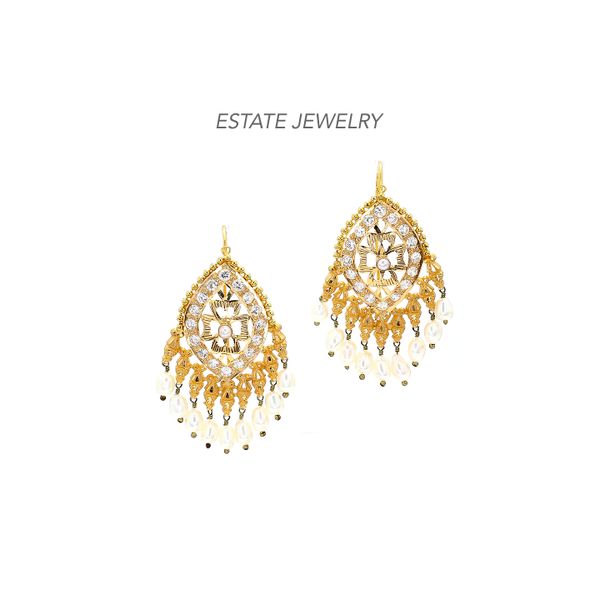 Estate 22K Yellow Gold Chandelier Pearl + CZ Earrings Raleigh Diamond Fine Jewelry Raleigh, NC