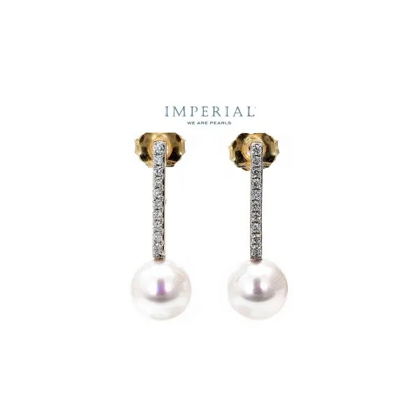 14K Yellow Gold 0.16ctw Akoya & Diamond Bar Drop Earrings Raleigh Diamond Fine Jewelry Raleigh, NC