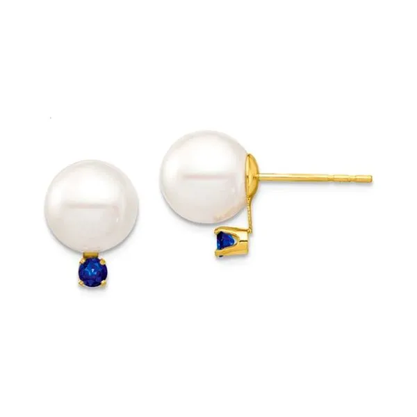 14K Yellow Gold Pearl Studs with Sapphires Fresh Water Cultured Pearls 8 - 8.5mm + Saph 0.18ctw Raleigh Diamond Fine Jewelry Raleigh, NC