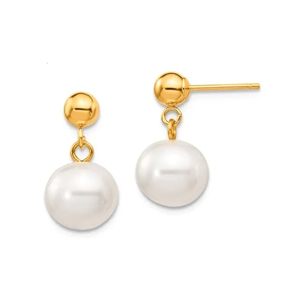 14K Yellow Gold 8-8.5mm White Round Freshwater Cultured Pearl Dangle Post Earrings Raleigh Diamond Fine Jewelry Raleigh, NC