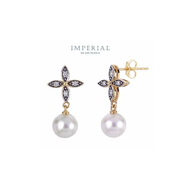 14K Yellow Gold 6.5-7mm AA Freshwater Pearl and 0.064 Diamond Petal Flower Drop and Dangle Earrings Raleigh Diamond Fine Jewelry Raleigh, NC