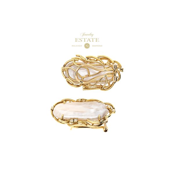 Estate 14K Yellow Gold Baroque Pearl & Diamond Clip Earrings Image 2 Raleigh Diamond Fine Jewelry Raleigh, NC