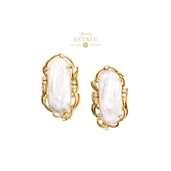 Estate 14K Yellow Gold Baroque Pearl & Diamond Clip Earrings Raleigh Diamond Fine Jewelry Raleigh, NC