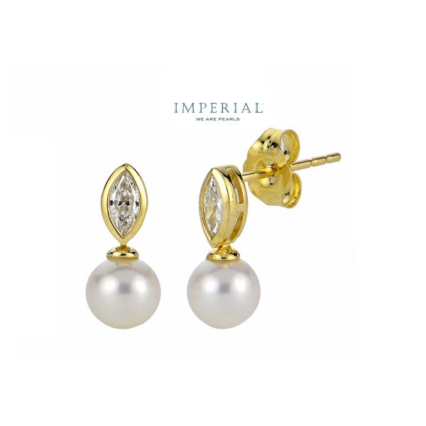 14K Yellow Gold 5.5-6mm AA Freshwater Cultured Pearl & 0.22cttw Marquise Lab Diamond Drop Earrings Raleigh Diamond Fine Jewelry Raleigh, NC